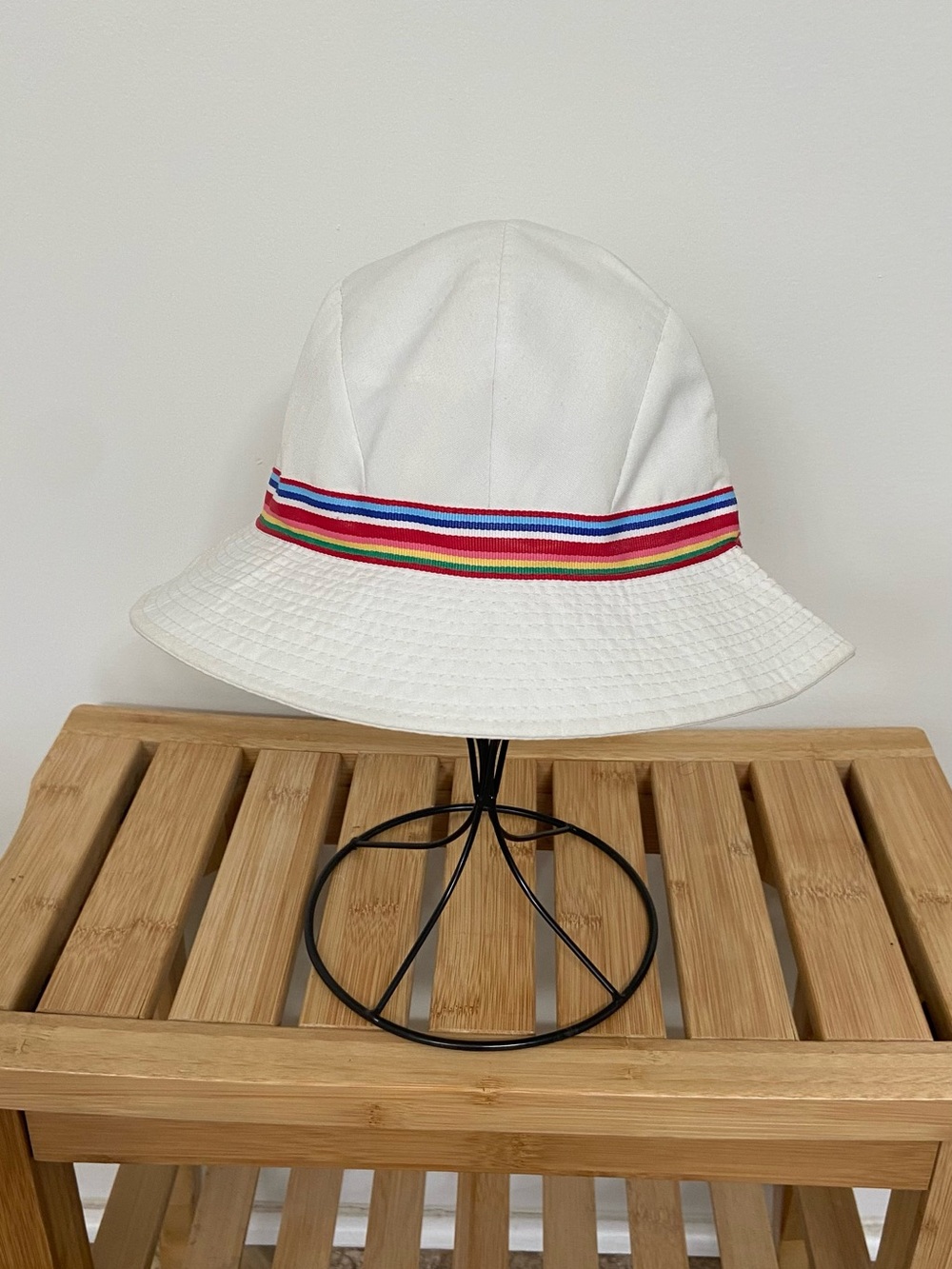 Lacoste White Kids Bucket Hat with Rainbow Stripe Band